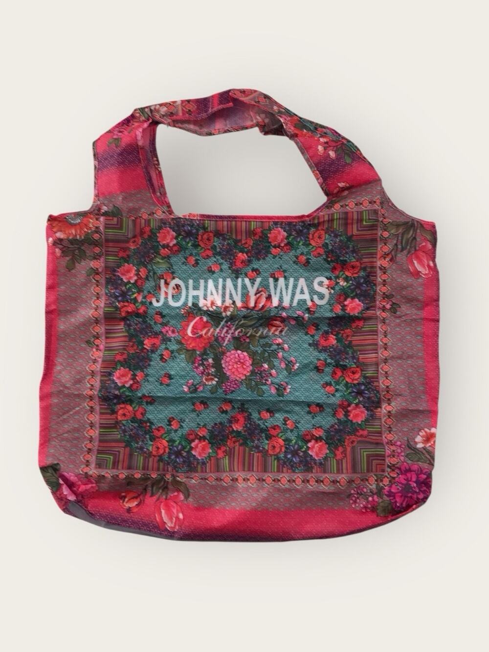 Johnny Was CA Tote Bag NWOT Black Pink Teal Floral Folds/Reusable Shopping Bag